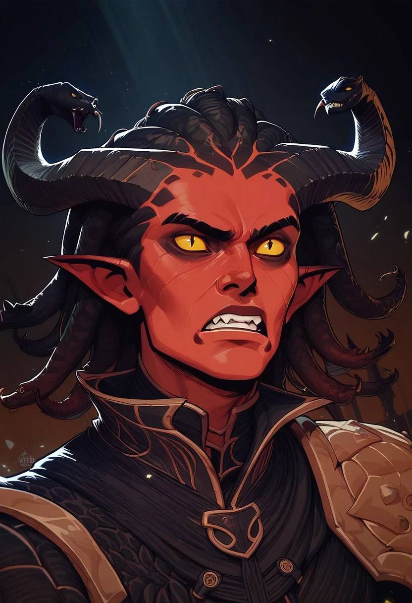 score_9, score_8_up, score_8, score_7_up, score_7, score_6_up, score_6, score_5_up, bulky tiefling, (black tipped horns:1.2), (snake hair, black snake hair), red skin, runes, shoulder armor, spikes, wizard robes, black clothing, claws, masculine face, wide jawline, angry, intense expression, yellow eyes, vox machine style, 1boy, male focus, solo, close up portrait , fantasy, night background, (dynamic lighting:1.1)
((masterpiece))