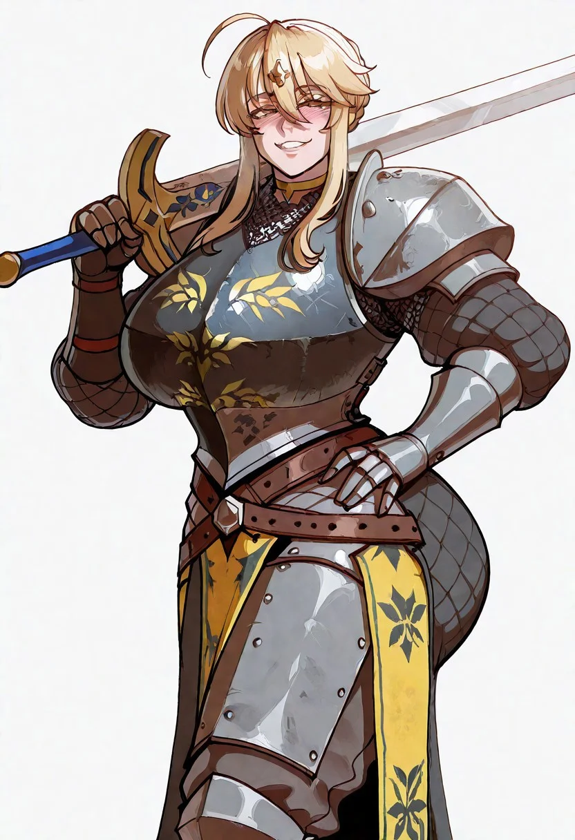 ((artoria_pendragon_(lancer)_(fate))), ((solo)), ((gigantic ass)), (thick neck), choker, beautiful eyes, prominent sternocleidomastoid muscle, huge breasts, blush), ((mature body)), ((mature female)), ((mature face)), ((MILF)), (thick neck), nyantcha, intricate details, elaborate clothes,Knight armor, gambeson sleeves, chainmail, trousers, metal armor, cuirass, pauldrons, plate gauntlets, armored tassets, quartered painted armor, green and yellow painted cuirass, holding sword, big sword, <lora:sword-over-shoulder-illustriousxl-lora-nochekaiser:1>, sword over shoulder, weapon over shoulder, holding, holding sword, holding weapon, sword, hand on own hip, grin, looking at viewer,