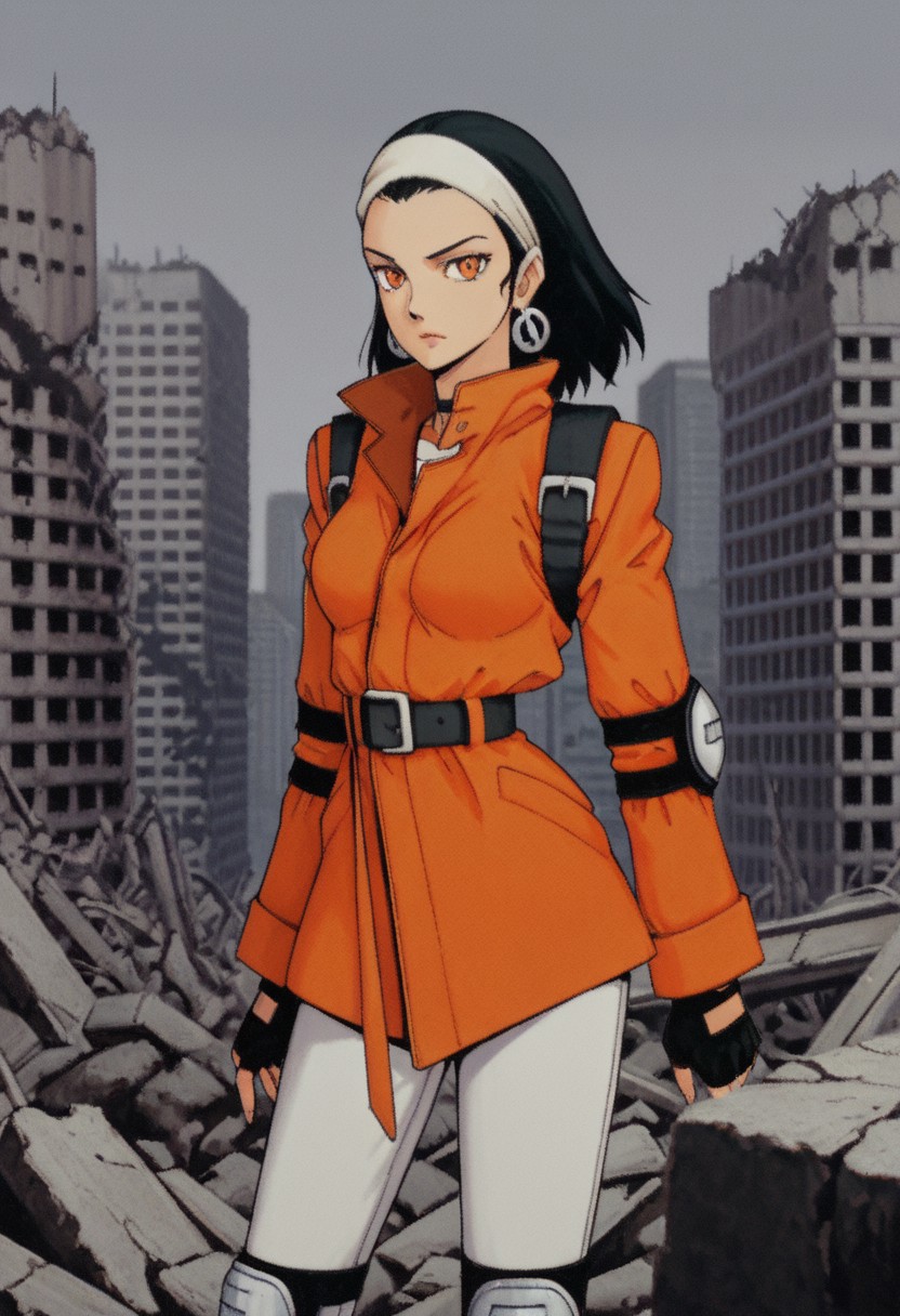 score_9,score_8_up,score_7_up,source_anime,5_figner,2d_animation,game cg,BREAK,1girl,solo,
MT heroine,black hair,black gloves,fingerless gloves,knee pads,orange jacket,earrings,
belt,lips,orange eyes,hairband,white pants,
medium breasts,front view,cowboyshot,looking at viewer,serious,
outdoor,building,skyscraper,ruins,
masterpiece,best qualit,ultra-detailed,illustration,an extremely delicate and beautiful,beautiful detailed eyes,unity 8k wallpaper,high resolution,anime CG,official_art,