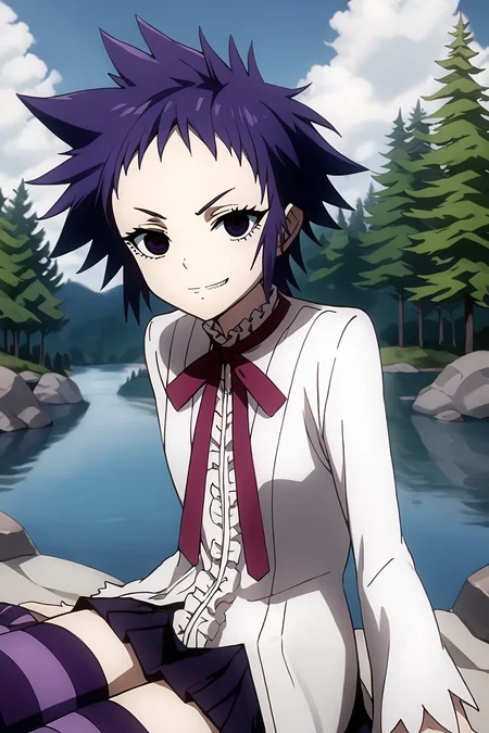 sharp focus, pixiv masterpiece, intricate details, expressionless, source_anime, score_9_up, score_8_up, score_7_up, score_9, looking at viewer,
, highres,, 1girl,solo, remarkable, absurd res, sunny, forest, <lora:roadkamelot_PonyXL_0.3:1>, roadkamelot, cowboy shot, mini-skirt, neck_ribbon, white blouse, striped_stockings, evil grin, eyelashes, lake, pine trees, sitting, rock