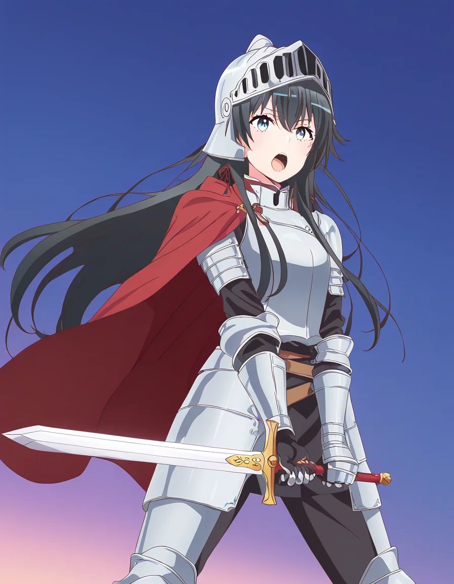 masterpiece, best quality, newest, absurdres, highres, safe,, <lora:yukino-yukinoshita-s2s3-ponyxl-lora-nochekaiser:1>, yukino yukinoshita, black hair, blue eyes, long hair, mature female, small breasts, anime screencap, <lora:sunrise-stance-illustriousxl-lora-nochekaiser:1>, sunrise stance, weapon, sword, solo, open mouth, holding weapon, holding, holding sword, <lora:knight-ponyxl-lora-nochekaiser:1>, knight, armor, cape, shoulder armor, gauntlets, helmet, pauldrons, red cape,, ,