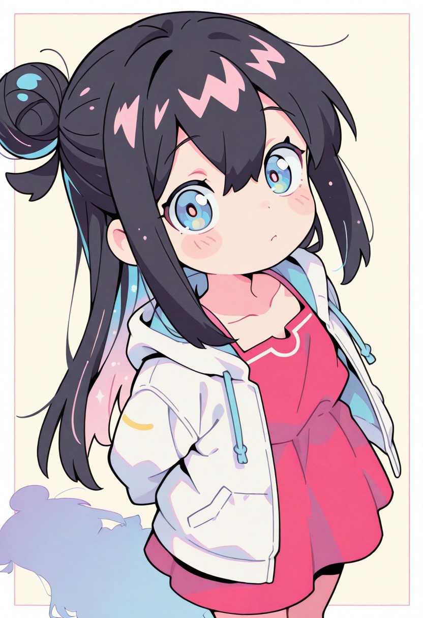 score_9, score_8_up, score_8, pastel colors, highly detailed, masterpiece, source_anime, cinematic light, (cute:1.2), (adorable:1.2), best quality, amazing quality, studio anime, official style, masterpiece, anime screencap, anime style, dynamic composition, dynamic angle, dramatic lighting, very awa, rich and vibrant colors, (1girl),  looking at viewer, border, Hana_Shirosaki, solo, long hair, black hair, dress, closed mouth, bangs, blue eyes, collarbone, hair between eyes, blush, arms behind back, white jacket, simple background, jacket,shadow, single hair bun, long sleeves, open clothes, sidelocks, red dress, hair bun, open jacket,
