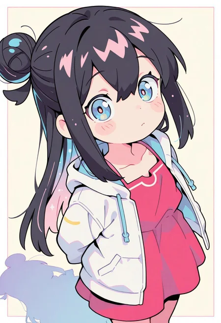 score_9, score_8_up, score_8, pastel colors, highly detailed, masterpiece, source_anime, cinematic light, (cute:1.2), (adorable:1.2), best quality, amazing quality, studio anime, official style, masterpiece, anime screencap, anime style, dynamic composition, dynamic angle, dramatic lighting, very awa, rich and vibrant colors, (1girl),  looking at viewer, border, Hana_Shirosaki, solo, long hair, black hair, dress, closed mouth, bangs, blue eyes, collarbone, hair between eyes, blush, arms behind back, white jacket, simple background, jacket,shadow, single hair bun, long sleeves, open clothes, sidelocks, red dress, hair bun, open jacket,