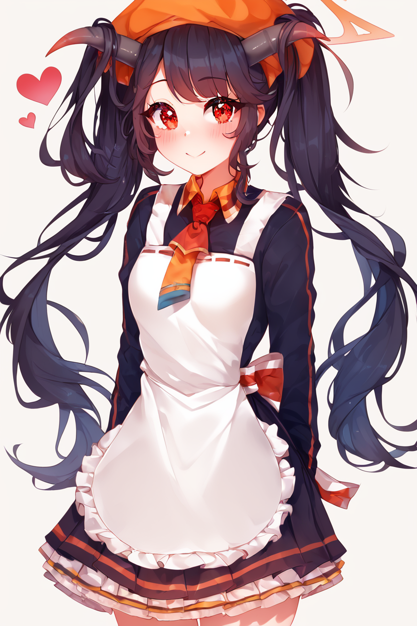 score_9, score_8_up, score_8, medium breasts, (curvy), cute, eyelashes,       BREAK, , ,,, zzFuuka, red eyes, black hair, long hair, horns, halo, demon horns, twintails black dress, white apron, frilled apron,  orange headwear, school uniform, necktie,  <lora:Fuuka_BlueArchive_PDXL:0.8>,   ,,,, BREAK, smile, closed mouth, looking at viewer, cowboy shot, ,,, embedding:zPDXL, Expressiveh, ,,, <lora:Puppypaww_Style_PDXL_v2:0.8>, <lora:SDXLFaeTastic2400:0.5>, <lora:Expressive_H-000001:0.4>,