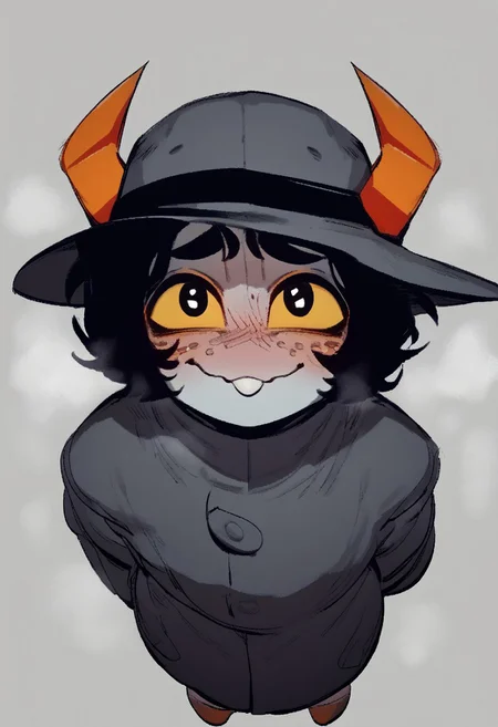 score_9, score_8_up, score_7_up, score_6_up, score_5_up, score_4_up, best quality, 1girl, big wide brim fedora, grey hat, dark grey trenchcoat, secretive, blushing, shy, looking at viewer, horns, black hair, steam, shorstack, looking up at viewer, black short hair, orange horns, black pupils, yellow sclera, pointy bucktooth, freckles, smile, hands behind back