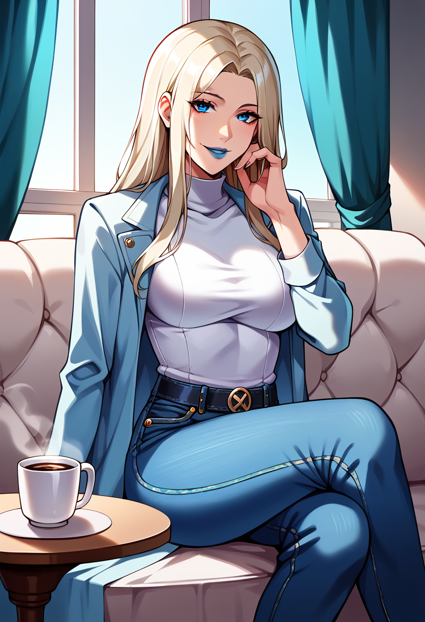 score_9, score_8_up, score_7_up,  source_anime,  BREAK solo, 1 girl,  <lora:FNEmmaFrost:1>,  EmFrFortn, silver hair, parted hair, long hair,  black turtleneck, hand on own face, sitting, couch, table, coffee mug, parted lips, blue lips, smile, looking at viewer, curtains, window,  jeans, blue eyes,