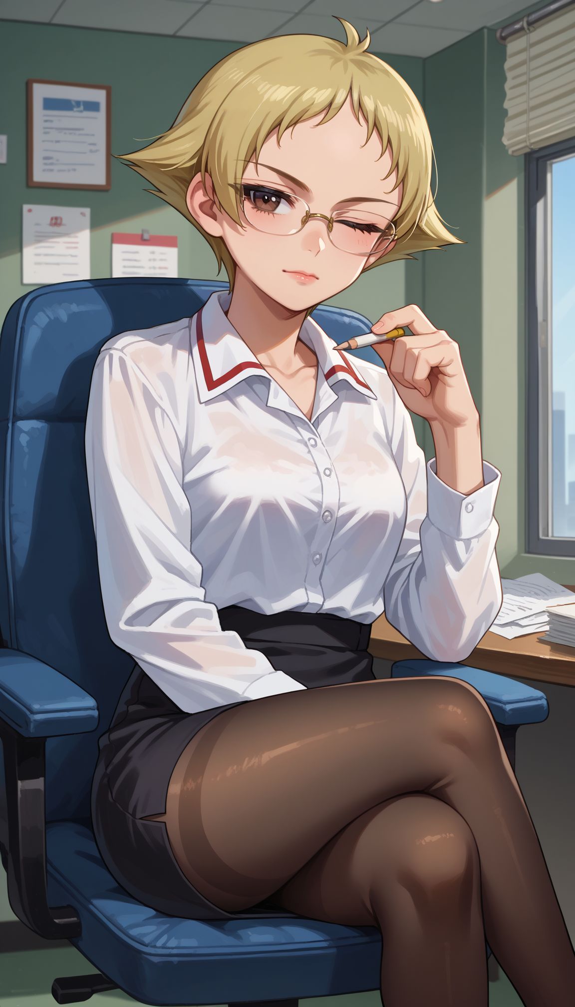 score_9, score_8_up, score_7_up, score_6_up, , solo, 
 <lora:GUPErwin:1> erwin (girls und panzer), 1girl, short hair, blonde hair, pointy hair, brown eyes,  
looking at you, sitting, crossed legs, swivel chair, glasses, one eye closed, white shirt, collared shirt, long sleeves, black skirt, pencil skirt, black pantyhose, indoors, office,