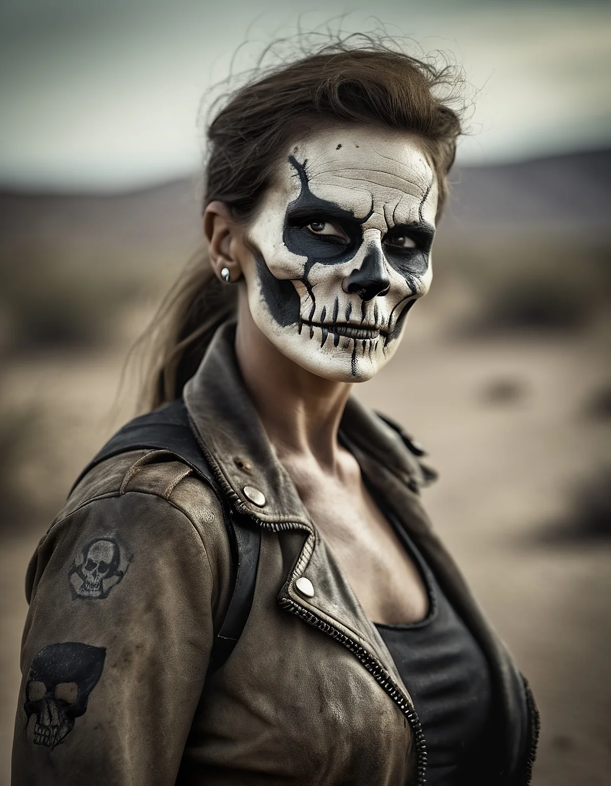 cinematic film still dystopian postapocalyptic fallout wasteland, dry fuzzy skin, beautiful woman mercenary with skull face painting, shallow depth of field, vignette, highly detailed, high budget Hollywood film, cinemascope, moody, epic, gorgeous