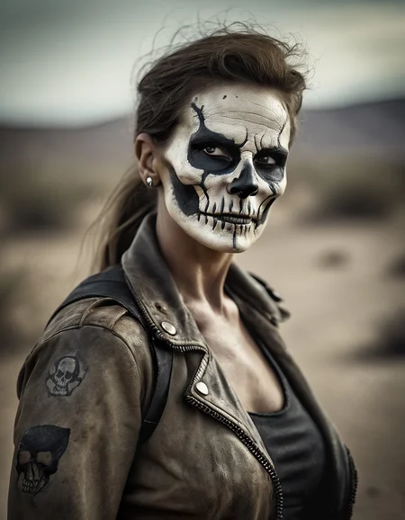 cinematic film still dystopian postapocalyptic fallout wasteland, dry fuzzy skin, beautiful woman mercenary with skull face painting, shallow depth of field, vignette, highly detailed, high budget Hollywood film, cinemascope, moody, epic, gorgeous