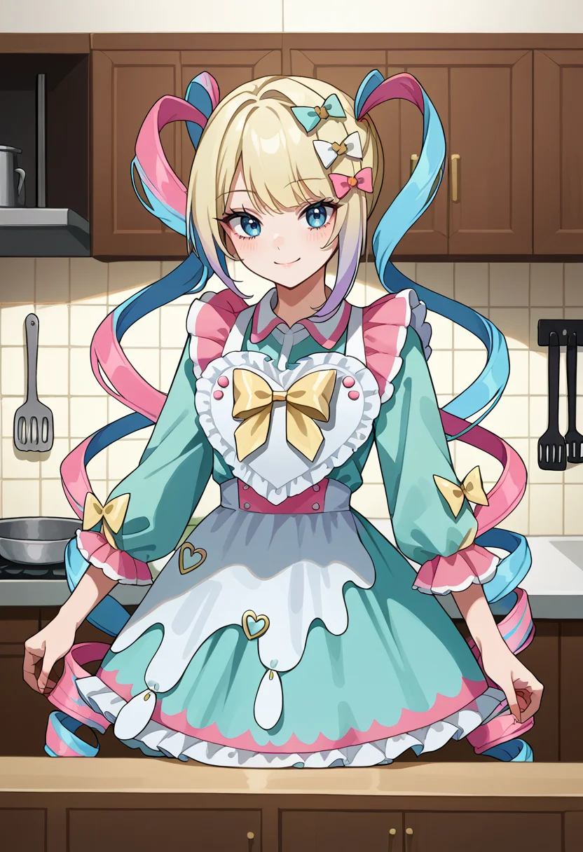 score_9, score_8_up, source_anime, 1girl, solo, KAngelSweetsParadise, blue eyes, multicolored hair, blonde hair, blue hair, pink hair, very long hair, quad tails, drill hair, multiple hair bows, enmaided, maid apron, blue dress, collared dress, yellow bow, frills, indoors, kitchen, smile, <lora:ChamKAngelPonyXL:1>