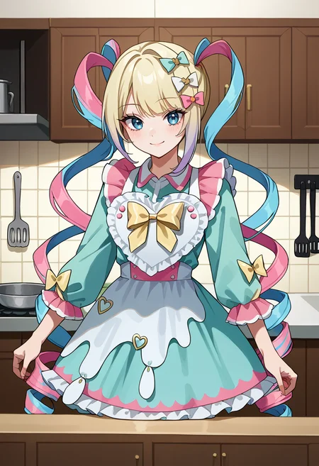 score_9, score_8_up, source_anime, 1girl, solo, KAngelSweetsParadise, blue eyes, multicolored hair, blonde hair, blue hair, pink hair, very long hair, quad tails, drill hair, multiple hair bows, enmaided, maid apron, blue dress, collared dress, yellow bow, frills, indoors, kitchen, smile, <lora:ChamKAngelPonyXL:1>