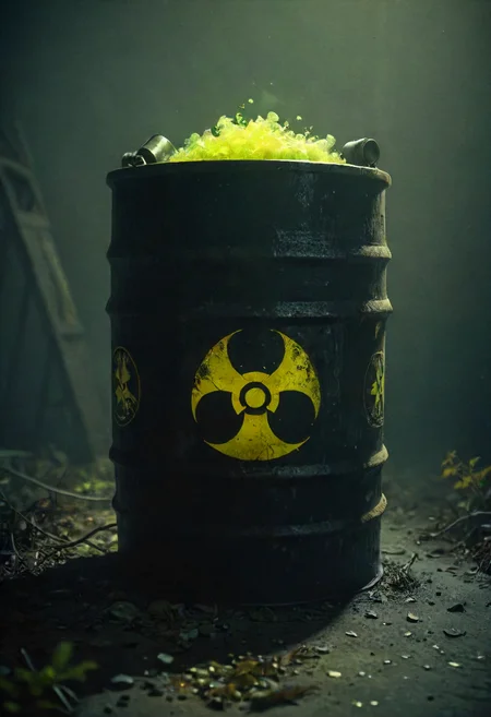 cute little barrel of nuclear bio hazard waste glowing eerie dark, perfect composition , eldoria, <lora:eldoria:0.8> <lora:CBS_novuschroma20 style:0.8> novuschroma20, novuschroma20 style