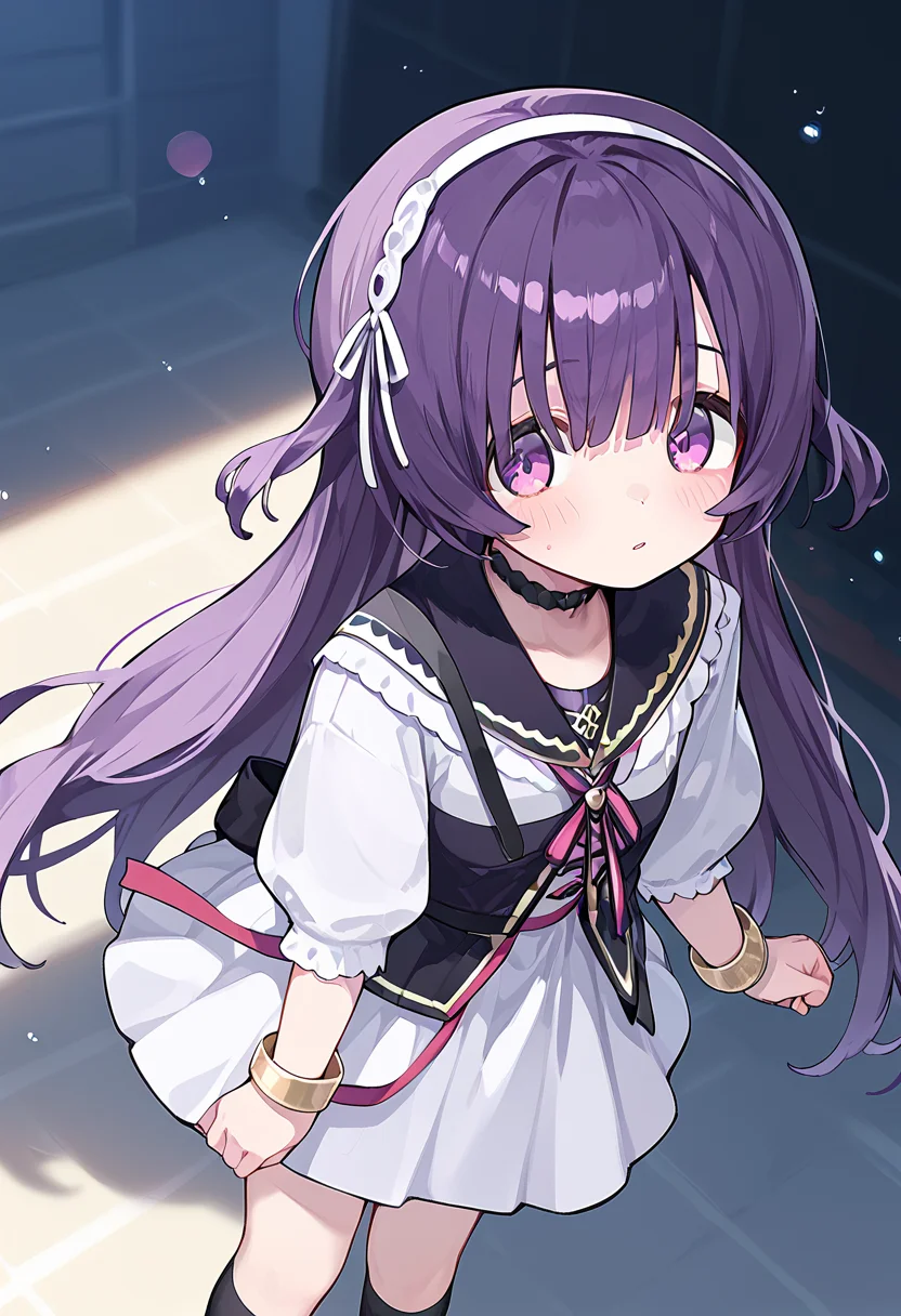 score_9, score_8_up, score_7_up, source_anime, rating:general, <lora:lowres_concept_ponyXL_v1:-0.3>
BREAK,
1girl, solo, <lora:sumeragi_utsutsu_PonyXL_v1:1> sumeragi utsutsu, purple hair, long hair, bangs, purple eyes,
Giggling,
blush_stickers ,
head_tilt standing
iridescence dirndl, apron, white blouse __socks__ __shoes__,
High Angle, looking to the side, from behind, Stele bokeh, depth of field,