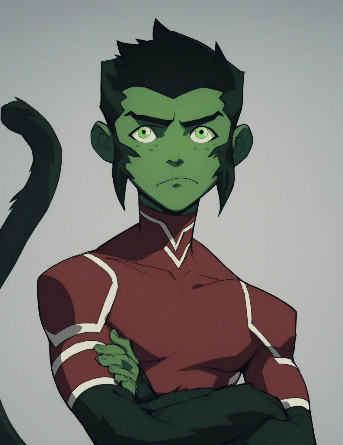 <lora:Beast_Boy_2:1> score_9, score_8_up, score_7_up, beast boy, solo, short hair, black hair, 1boy, green eyes,bodysuit, green skin, tail, upper body, crossed arms, looking at viewer, frown, muscular,