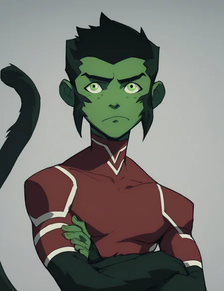 <lora:Beast_Boy_2:1> score_9, score_8_up, score_7_up, beast boy, solo, short hair, black hair, 1boy, green eyes,bodysuit, green skin, tail, upper body, crossed arms, looking at viewer, frown, muscular,