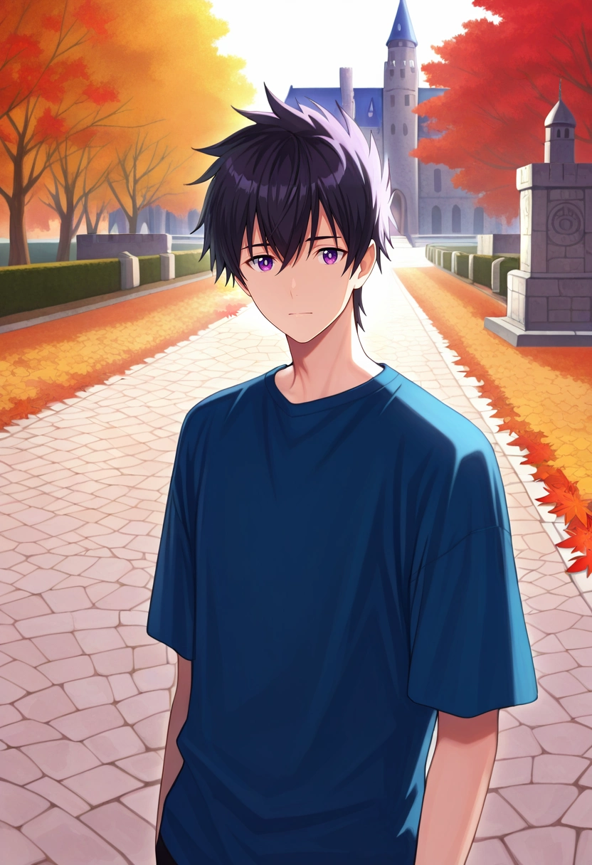 masterpiece, best quality, intricate details, semi-realistic, looking at viewer, 1boy, solo, male focus, <lora:ryuunosuke_minakata_ilxl:0.9>, ryuunosuke_minakata, black hair, purple eyes, short hair, bangs, hair between eyes, autumn castle, maple courts, leaf gardens, stone towers, noble pose, dignified expression, golden hour,