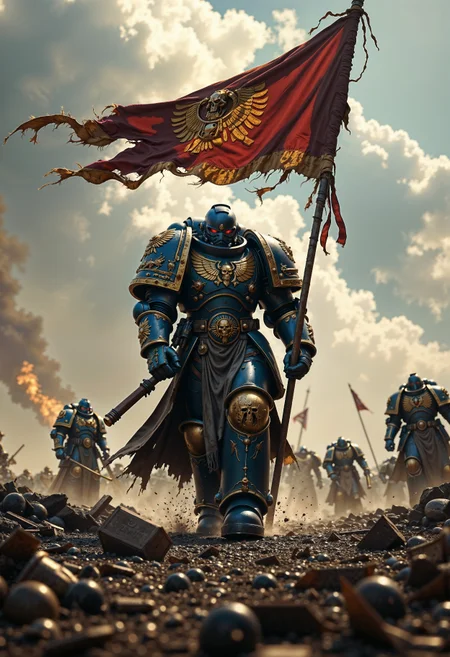 cinematic film still, low angle, ground up view, UltraM40k walking dramatically towards camera on a battlefield, clad in power armor. In his right hand, he holds a large, tattered flag with golden runes, fluttering dramatically in the wind. The background features a tumultuous sky with swirling clouds and a debris-covered ground, hinting at a recent battle. Other knights and soldiers are visible in the chaotic scene, with rich, vibrant colors and meticulous textures throughout, shallow depth of field, vignette, highly detailed, bokeh, moody, epic, gorgeous, film grain, grainy <lora:FluxUltraM40k:0.9>