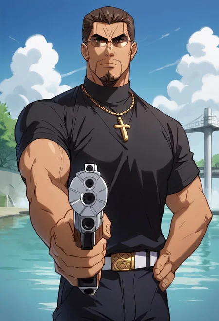 score_9, score_8_up, score_7_up, score_6_up, source_anime, BREAK, 1man, solo, (( <lora:kataoka_tesshin:1> , kataoka_tesshin, piercing dark brown eyes, clear eyes, strict eyes, strong muscular toned body, manly, strong male, alfa male, light tanned skin, short brown hair, hair gelled back, short brown circle beard, chad male, charismatic male, )) , ((very cool brown-lens sunglasses, black shirt, black trousers with gold belt, thick gold yakuza necklace, )) , weapon, gun, holding weapon, holding gun, outdoors, habit, holding, aiming, handgun, sky, looking at viewer, aiming at viewer, water, closed mouth, cloud, building, finger on trigger, Mauser C96,