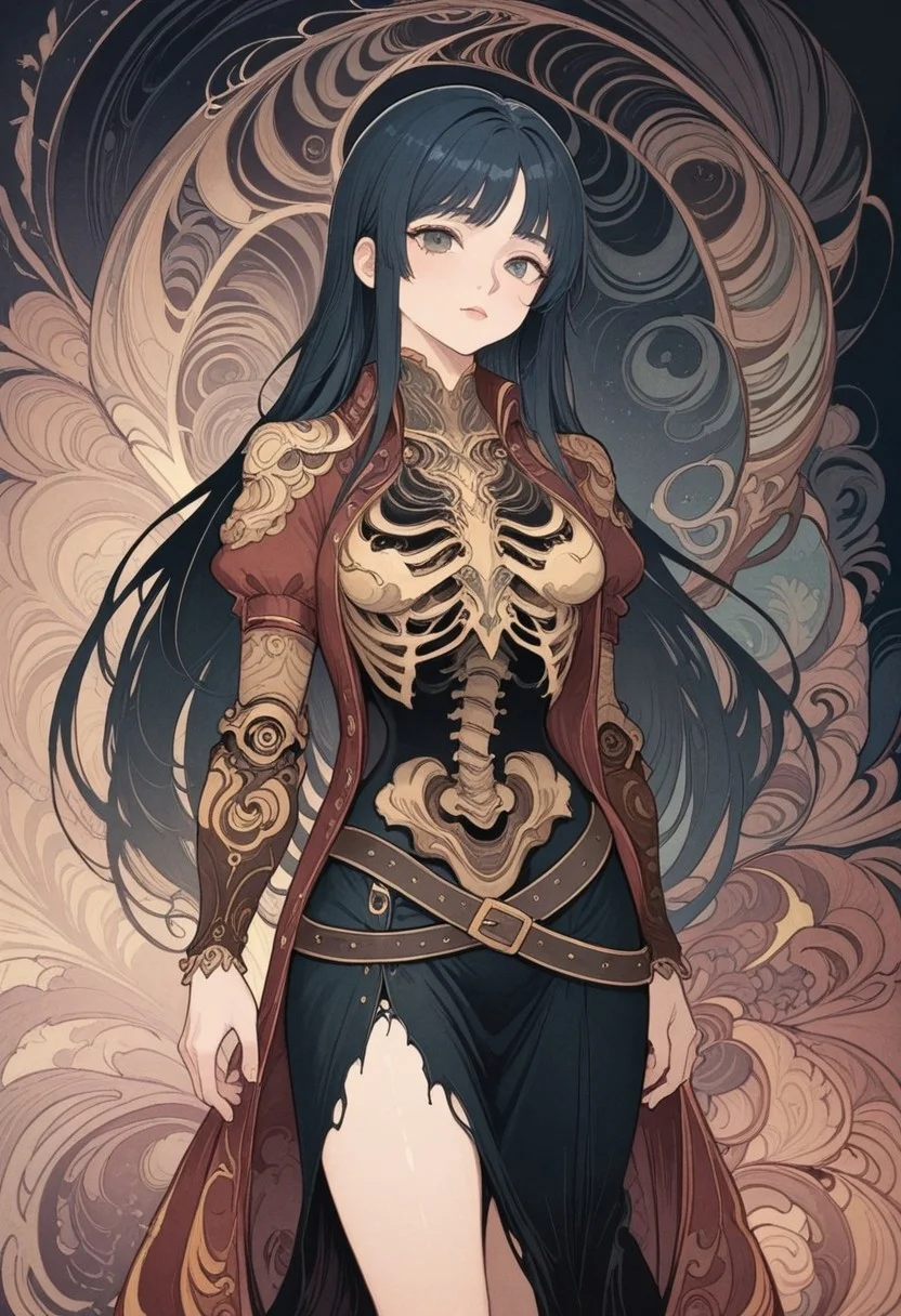 masterpiece, best quality, amazing quality, very aesthetic, absurdres, newest, realistic, wasabi_natsume_illu,abstract,surreal,, noveau, art noveau,
BREAK,
1girl, mechanical girl, extremely tall, thin, exposed internals, metal ribs, metal spine, missing stomach, skeleton, clawed hands, long straight hair, dark blue hair, waist length hair, belt, torn clothes, puffy coat, unbuttoned, medium length skirt, tattered clothing edge,
BREAK, abstract background, mosaic, warm light, vibrant colors