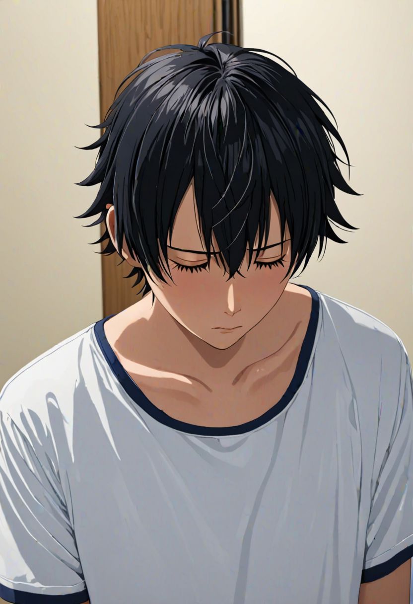 Yuusuke Fujisaki, masterpiece, Candid Photo, best quality, (1boy), solo, male focus, High definition, Black hair, 4K, sad, looking down