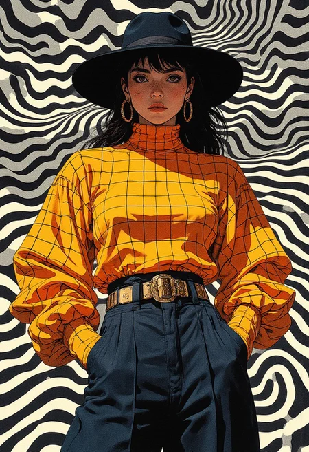 A hyper-realistic digital artwork inspired by 90s anime and manga, featuring a fashion model in a commanding pose against an exaggerated black-and-white optical illusion background. The illusion is created with groups of white and black lines, strategically drawn to form a dynamic 3D effect. Lines of varying thickness converge and diverge at calculated angles, creating pockets of depth and a wave-like motion that gives the illusion of layers shifting in space. The lines rise and sink, interacting with the figure in an engaging, surreal manner, while the varying thickness heightens the depth effect, causing the illusion to shift as the viewer’s eye moves across the image. Against this hypnotic backdrop, the model’s vibrant orange-toned silhouette stands out. She wears a high-neck turtleneck with voluminous sleeves, adorned with bold black and yellow geometric grid patterns. Her lower half features a high-waisted dark navy skirt or trousers, cinched with a gleaming gold belt and oversized gold hoop earrings. A wide-brimmed black hat obscures part of her face, adding mystery and elegance. The clean, modern design of the outfit contrasts with the extreme optical illusion, creating visual harmony. Rendered in ultra-high-definition, the piece blends surreal fashion with dynamic artistry.