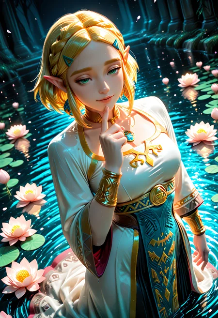 1girl, princess zelda, solo, (detailed dress:1.2), half-closed eyes,(accessories:1.1), light smile, intricate gold trim, detailed hair, jewelry, finger on lips, looking at viewer, seated, partially submerged, blooming lotus flower, petals, water reflections, dark background, floating water, (water surface:1.2), soft lighting, cowboy shot, dynamic angle,
SmoothNoob_Quality