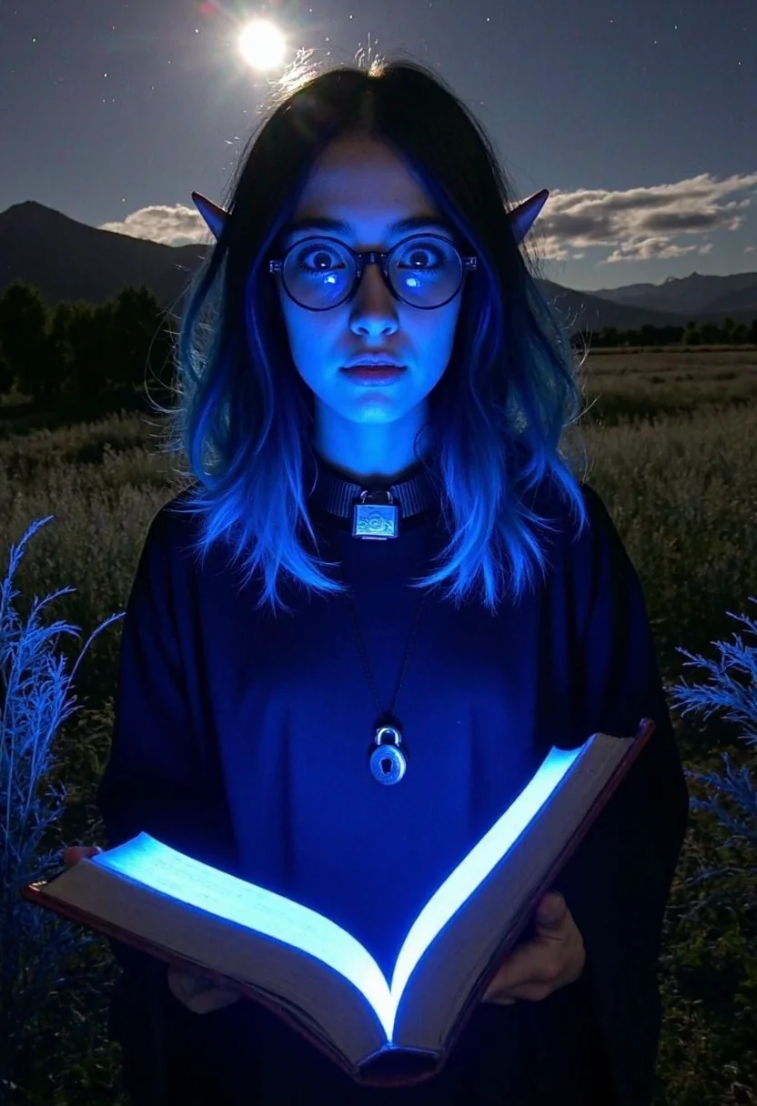 d1g1cam, amateur photo, low-lit, Low-resolution photo, shot on a mobile phone, noticeable noise in dark areas. young woman, late 20s, very long pointed ears, deep blue ombre bobcut hair flowing from black roots, slightly tousled, glowing eyes casts blue glowing, big round metal-rimmed glasses, concentrated expression, wearing a black robe with wide sleeves, leather collar with padlock, standing in an open field, tall grass casts heavy blue light, holding an old leather-bound book, book pages emitting bright cyan light, mountains under a deep starry night sky, moonlight, Dull lighting, nighttime, her face overexposed by heavy cyan light,