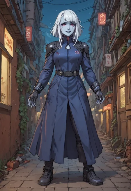 score_9, score_8_up, score_7_up, score_9, score_8_up, score_7_up, Cowboy Shot, Full Body Visual,
BREAK
static_pf, 1girl, white hair, purple eyes, blue skin,
BREAK
Standing in an action pose, Standing in alley at night, city at night, cyberpunk, neon light,
BREAK
DARK SAKURA BODYSUIT,
BREAK
Expressiveh, Smug, Smirk,