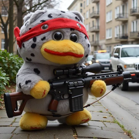 Peepy wearing a bandana and holding an assult rifle in an animated style