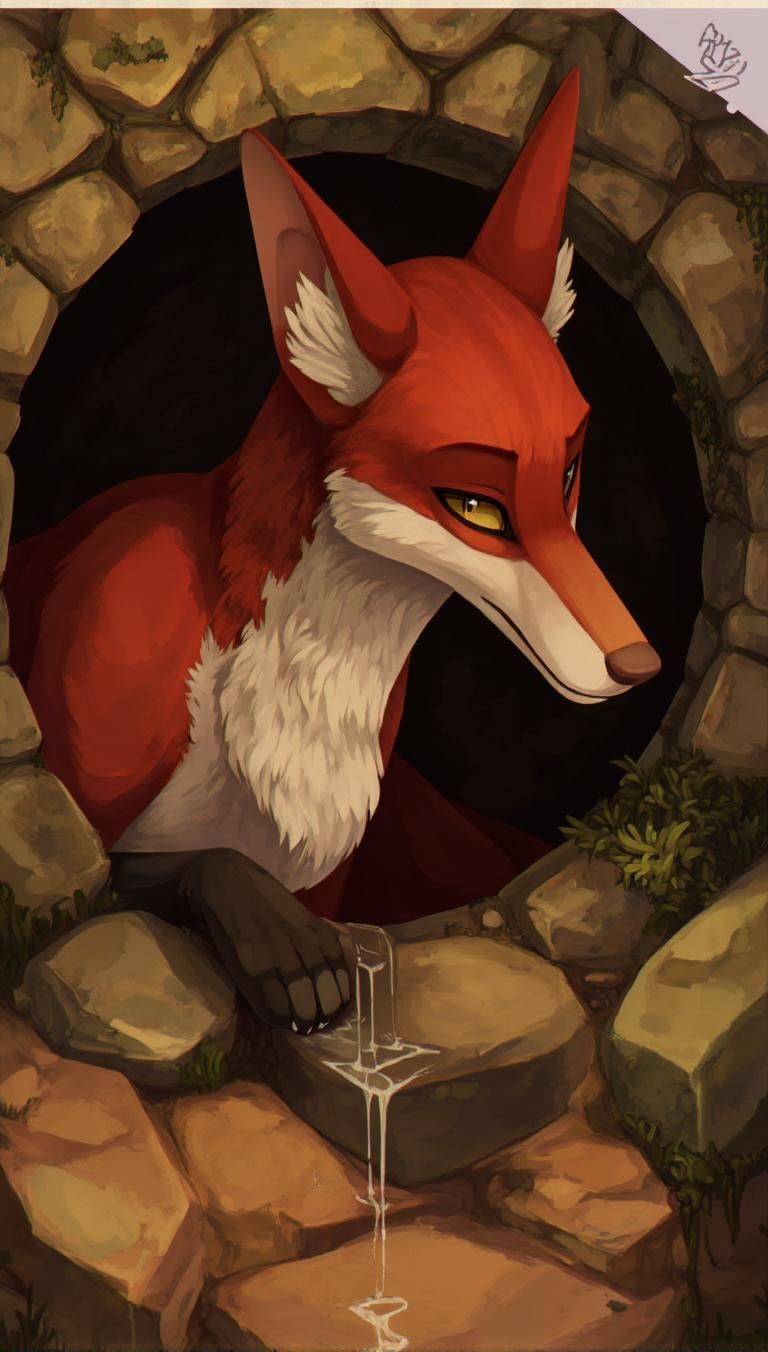 <lora:ck-LttleGhost-000011.safetensors:1> in the style of ck-lttlegh0stA sophisticated fox peeks out from a rustic stone nest, rendered in stunning detail with warm, earthy tones. The artist's use of light and shadow adds depth, while the texture and expression of the subject make it feel almost lifelike. A signature in the corner adds authenticity to this captivating digital artwork.