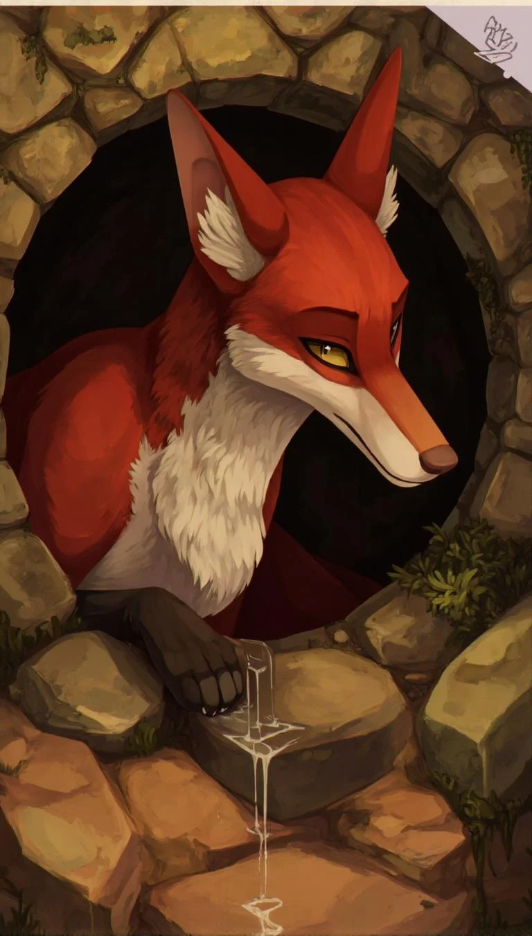 <lora:ck-LttleGhost-000011.safetensors:1> in the style of ck-lttlegh0stA sophisticated fox peeks out from a rustic stone nest, rendered in stunning detail with warm, earthy tones. The artist's use of light and shadow adds depth, while the texture and expression of the subject make it feel almost lifelike. A signature in the corner adds authenticity to this captivating digital artwork.