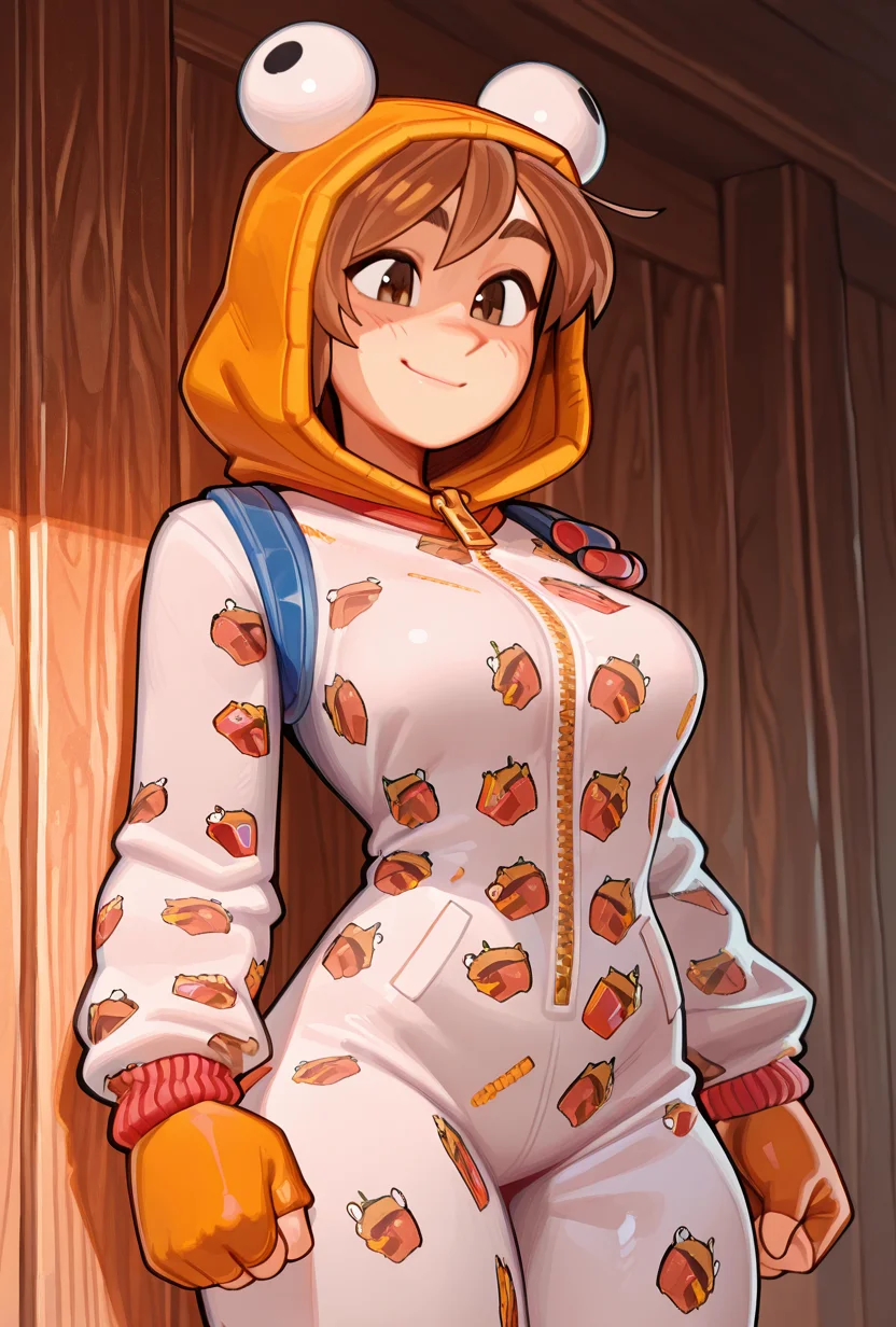 <lora:ilonesie-10:1> onesie, 1girl, orange hood, solo, short brown hair, smile, orange fingerless gloves, , zipper, animal print, white onesie, <lora:Wamudraws_Style_Ill:1> artist:wamudraws, masterpiece, best quality, amazing quality, very aesthetic, absurdres, newest,