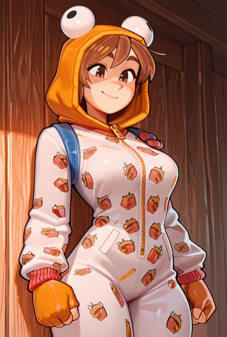 <lora:ilonesie-10:1> onesie, 1girl, orange hood, solo, short brown hair, smile, orange fingerless gloves, , zipper, animal print, white onesie, <lora:Wamudraws_Style_Ill:1> artist:wamudraws, masterpiece, best quality, amazing quality, very aesthetic, absurdres, newest,