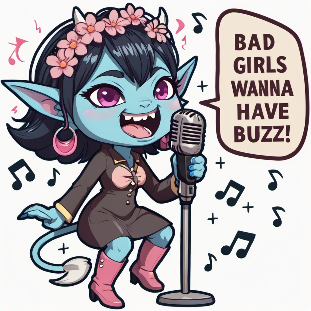 "Bad Girls wanna have buzz!" speech bubble, singing imp creature, fun, pointy ears, fangs, open_mouth, anime, chibi, earings, hair flower, hands, holding microphone,  demon_tail, claws, boots, [blue_nails], pink_eyes, cute, demon horns, black_hair, musical_note,