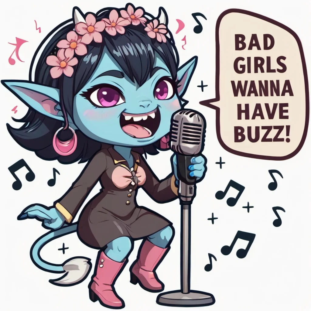 "Bad Girls wanna have buzz!" speech bubble, singing imp creature, fun, pointy ears, fangs, open_mouth, anime, chibi, earings, hair flower, hands, holding microphone,  demon_tail, claws, boots, [blue_nails], pink_eyes, cute, demon horns, black_hair, musical_note,