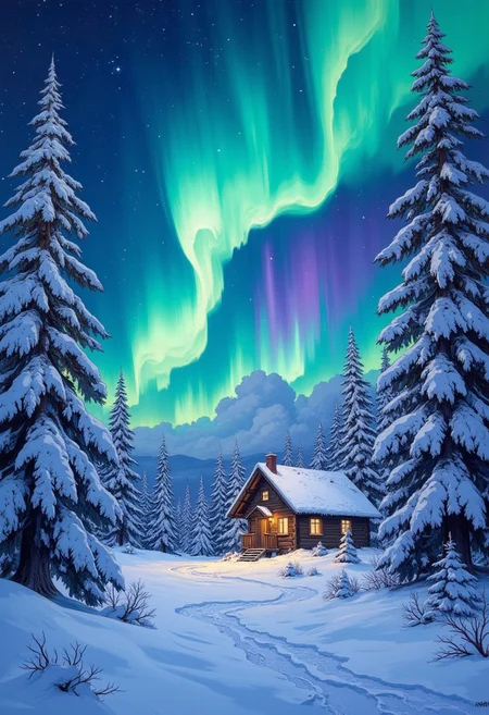 a highly detailed oil painting of a breathtaking Lapland winter scene. The painting should feature a mesmerizing aurora borealis with vivid green, purple, and blue streaks illuminating the night sky. The auroras should appear dynamic and flowing, with their colors reflecting gently on the pristine snow-covered landscape below. In the foreground, include snow-laden pine trees framing the scene, their branches heavy with fresh powder. Nestled among the trees, a small, cozy wooden cabin with warm, glowing light emanating from its windows and chimney smoke curling into the cold air adds a sense of warmth and comfort. The overall atmosphere should exude tranquility and magic, capturing the serene beauty of Lapland during a crisp, snowy winter night under the northern lights. DB4RZ, DB4RZ style painting, in the style of cksc, anime, cyberpunk
