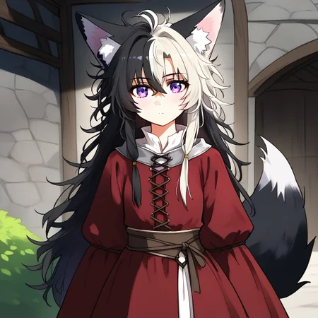 (score_9), (score_8_up), (score_7_up), masterpiece, source_anime, best quality, perfect anatomy, very aesthetic, absurdres, (1girl, Nemu, (Messy Hair, Long Hair)), (Purple Eyes, Foxgirl, Black Fox Ears, Black fox tail, (Black Hair, (Left White Hair Highlight)), puppyemonade \(artist\), medieval, 18 years old, face facing viewer, detail1eye, ({Male Clothes|Dress|Medieval Female Clothes|Medieval Male Clothes}), 18 years old, , <lora:78814faf-2265-47c0-bf65-08dfa33a08be:1.0>, <lora:81e12eb1-e9e2-454a-bbd2-a6834987f9cd:0.5>, <lora:3fd58e27-e337-41e0-a9d2-fe078fce6211:0.3>