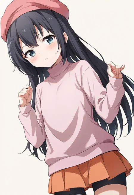 score_9, score_8_up, score_7_up, score_6_up, score_5_up, score_4_up, masterpiece, source_anime, BREAK 1girl, c-ruri, flat chest, black hair, long hair, blue eyes, pink beret, pink turtleneck, long sleeves, orange skirt, miniskirt, bike shorts under skirt, simple background, beige background, looking at viewer, blush, dutch angle, hand up,<lora:Rumi_Tsurumi_ver2_Pony_c:0.9>