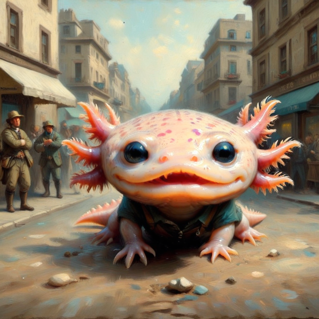 axolotls in a monster hunting in the city streets, embedding:OverallDetail-SDXL,<lora:Axolotl_SDXL_epoch_14.safetensors:1.0:1.0>