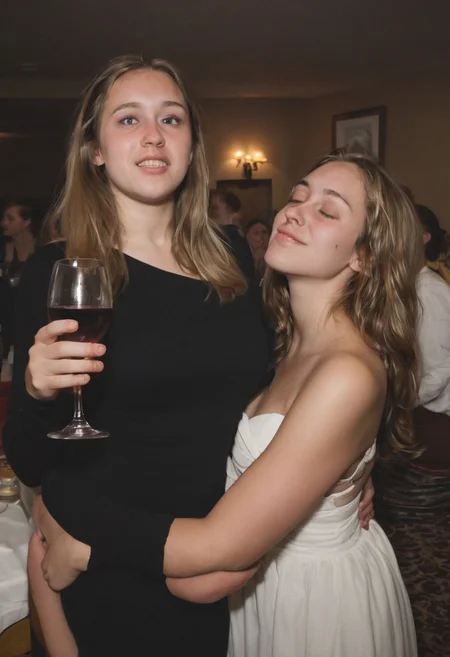 Darker lighting and atmosphere. Sensual and turned on by each other. Drinking sacrament wine.  More drunk. One woman has large breasts.Hyper realistic. More drunk and wasted. Two Mormon sister missionaries getting drunk in their apartment after a long day proselyting. They are obviously visibly very intoxicated.  Leaning together lovingly. Very drunk eyes. Very drunk sultry eye contact. more drunk expression. Disheveled hair. (((Falling, tripping, staggering, dizzy, sleepy))). (((blackout drunk))).Realistic skin. Film grain. Typical lighting wearing a nice modern dress. (((20 year old Mormon Temple square sister  missionary))). Her hair is very disheveled. She drank a lot of tequila(((heavily lidded, drunk eyes))) incoherent, and completely hammered.
 (((incoherent, wasted))) very  drunk. realistic photo.{{{increasingly wasted}}} after having way too much to drink.  (((falling down))) drunken expression. cinematic lighting. (((Flirting))). Soft contented smile. She's completely wasted and wants to have sex tonight.