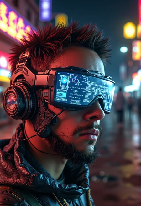 A realistic close-up of a mysterious hacker with holographic glasses}. The setting is outdoors in a futuristic marketplace with glowing signs, the ground completely dry. Lighting is vibrant and intensely highlighting tech details, with shadows that emphasize realistic contours without gloss. Surfaces are matte metal, carbon fiber, and industrial textures with no gloss or moisture. Screens and displays show information panels with holographic interfaces that appear clean and organized in a realistic style. The characters have intricate, realistic tech gear and focused expressions, avoiding excessive shine. Each character interacts with their environment in an observational pose, scanning their surroundings with precision. Background details are sharp and vibrant, emphasizing realistic neon aesthetics without any damp effects.<lora:bv-cybstyenh-v1.safetensors:1.0:1.0>