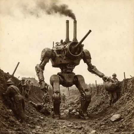 An aged worn sepia monochrome 1800s photograph of a steam powered mecha, turret with large canon, armless, no arms, walking robot, smokestacks up top, thick black smoke, walking through No-man's land between the allied trench line and the enemy trench line, soldiers in the trenches
