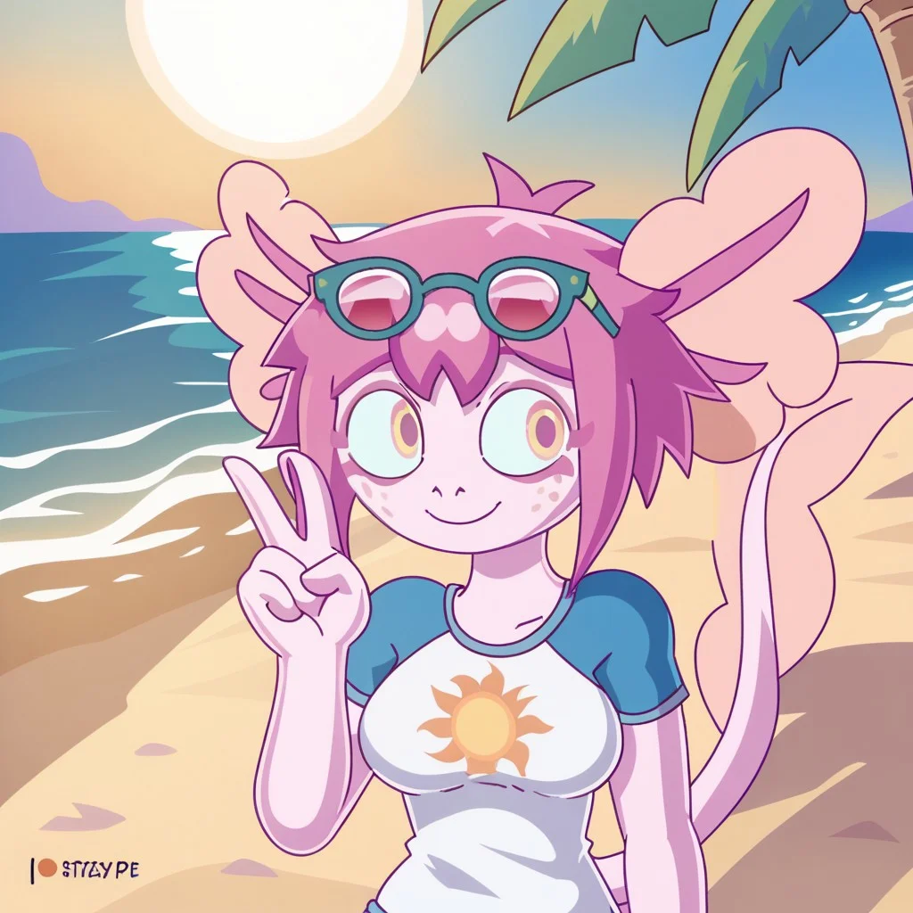 1girl, v1tzyp1e,pink skin,pink hair,freckles, medium_breasts,:3, smile, t shirt, beach, palm tree, sunlight, adjusting, solo, ,shadow, sun_glasses, glasses on head, leaning, looking at viewer