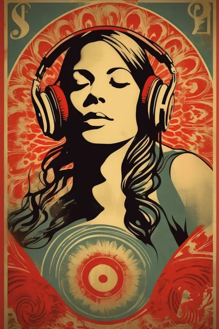 <lora:Shepard Fairey Style:1>Shepard Fairey Style - a poster from Shepard Fairey illustrating a woman listening to music