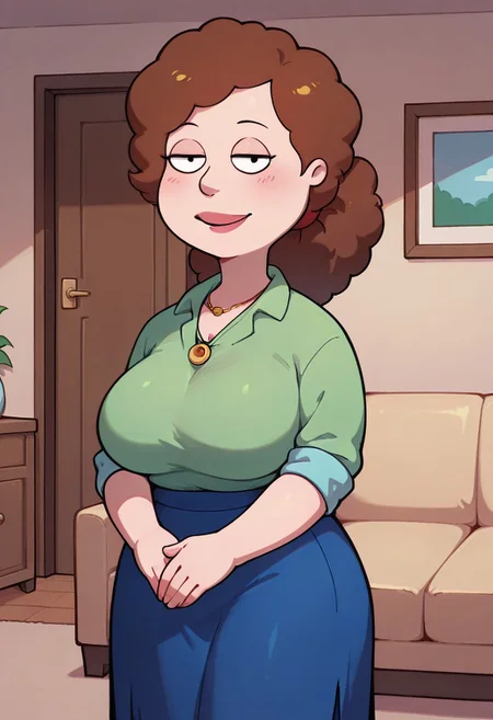 score_9,score_8_up,score_7_up,score_6_up,best quality, 1girl, solo, living room, couch, indoors,
BREAK
unnamed girl, brown hair, black eyes, (mature female:1.5), (plump:1.2), large breasts, gigantic hips, thick thighs, green sweater, rolled up sleeves, blue skirt, stockings, own hand together, blush, smile, looking at viewer, long skirt, half-closed eyes, necklace,