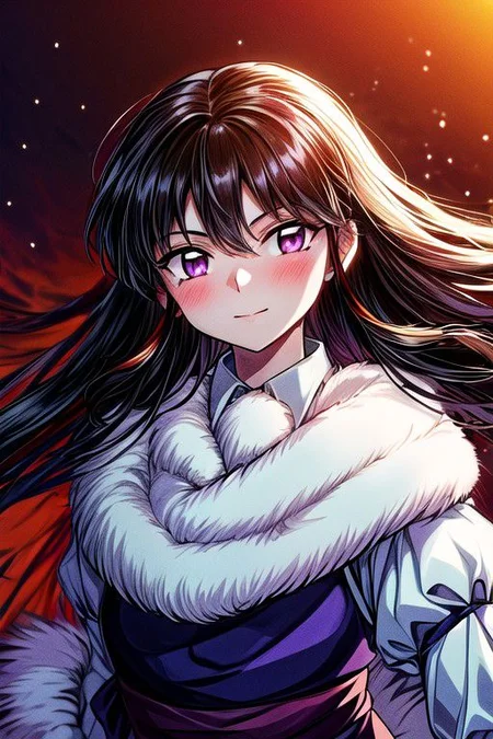masterpiece, best quality 1girl Setsun4 solo long hair, (night time) forest background black hair very long hair purple eyes multicolored hair armor (fur trim) (medium body),<lora:EMS-179-EMS:0.800000>,<lora:EMS-293862-EMS:0.800000> bow, hair_bow, hair_tubes, red_bow, brown_hair, long_hair, bangs, sidelocks, ascot, brown_eyes, frilled_bow, yellow_ascot, blush, smile, hair_between_eyes