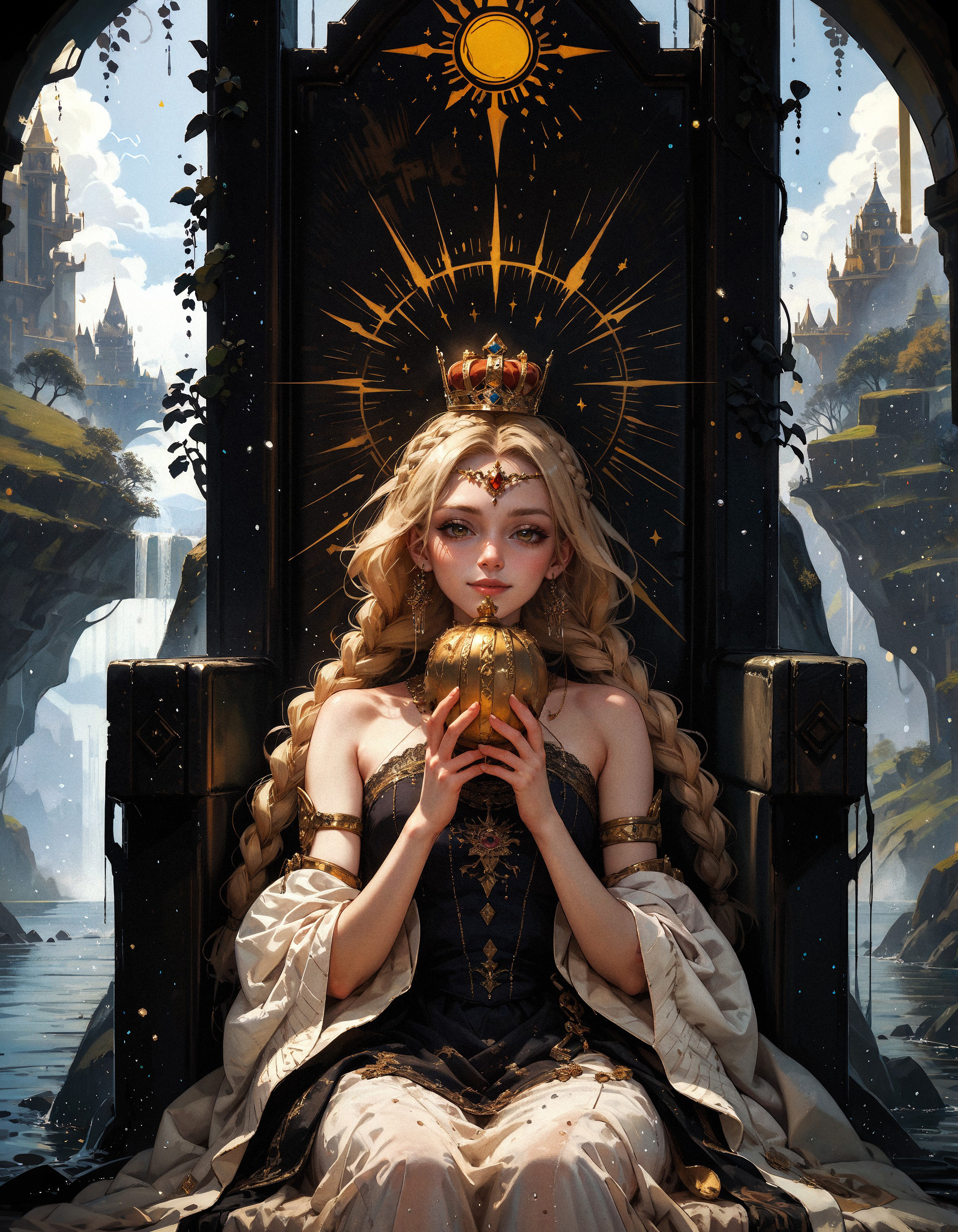score_9, score_8_up, score_7_up, score_6_up, score_5_up, score_4_up,  1boy, miquella, blonde hair, holding golden crown, crown braid, multiple braids, yellow eyes, white robe, gold armlet, circlet, cute smile, sitting on a black throne, black stone, black throne, sunlight, wind, flying wheat, water sparkles