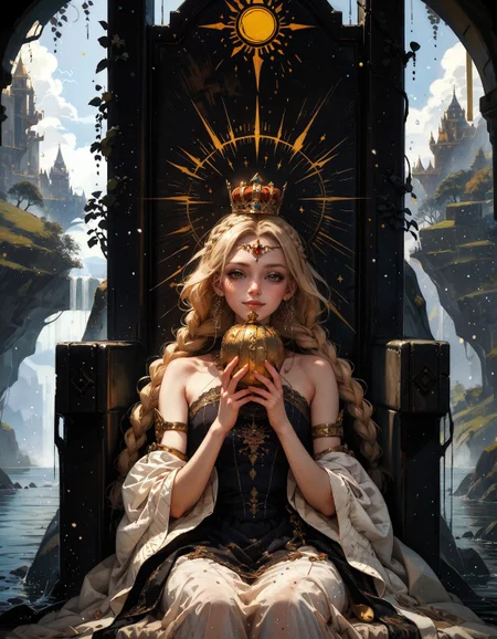 score_9, score_8_up, score_7_up, score_6_up, score_5_up, score_4_up,  1boy, miquella, blonde hair, holding golden crown, crown braid, multiple braids, yellow eyes, white robe, gold armlet, circlet, cute smile, sitting on a black throne, black stone, black throne, sunlight, wind, flying wheat, water sparkles