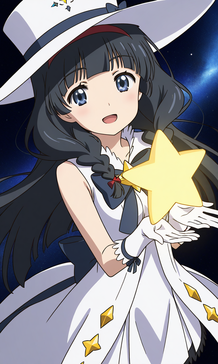 general,highres, ultra-detailed,very aesthetic,best quality ,best hands,  BREAK <lora:Itsuki_Houkago_no_Pleiades_IS:1> BREAK,
Itsuki(Pleiades), 1girl,solo, black hair, long hair, blue eyes, red hairband, twin braids, blunt bangs,breasts, anime coloring, BREAK,
hat, solo, gloves, open mouth, white dress, space, magical girl, smile, bow, white headwear, white dress, star (symbol)