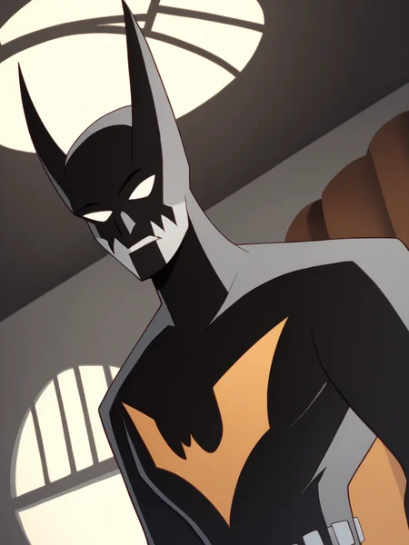 score_9, score_8_up, score_7_up, score_6_up, score_5_up,
solo, 1boy, parody, upper_body, indoors, mask, meme, horns, bodysuit, looking_at_viewer, no_humans, belt, style_parody, superhero
 <lora:Batman_Beyond:1>